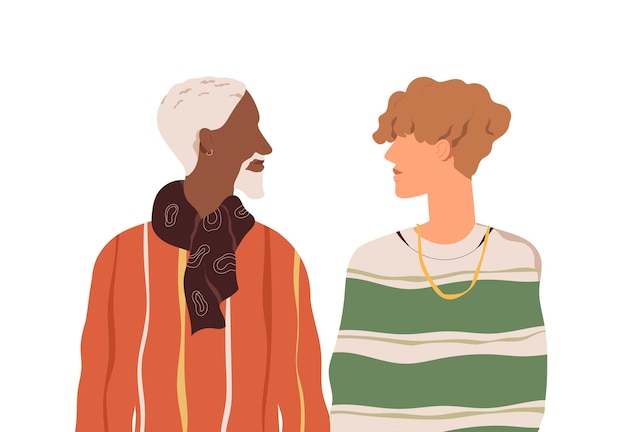 Vector romantic homosexual couple of two enamored men of different age and race. multiracial love partners. colored flat vector illustration of gay boyfriends isolated on white background.