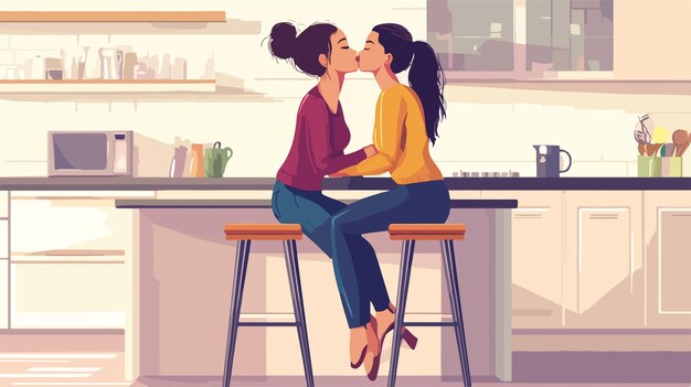 Vector romantic lesbian couple kissing on kitchen counter