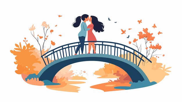 Vector romantic lesbian couple kissing passionately on bridge in daylight