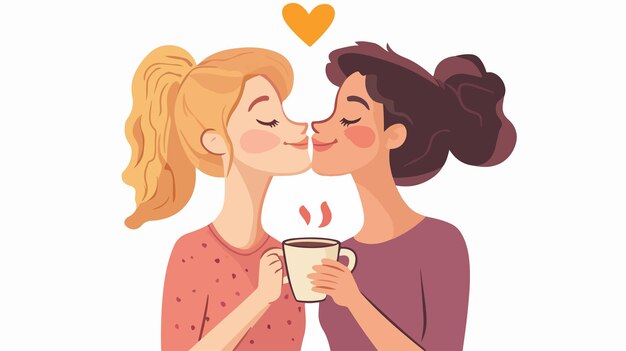 Vector romantic lesbian woman kissing girlfriend holding hands