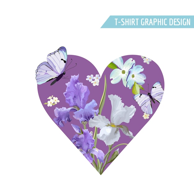 Romantic Love Heart Shape T-shirt Design with Blooming Iris Flowers