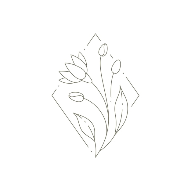 Romantic monochrome may lily flower with bud, stem, leaves at rhombus frame logo vector illustration