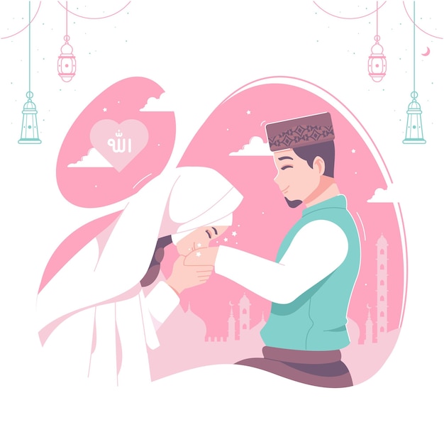 romantic muslim wedding couple illustration