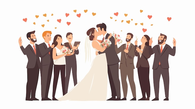 Vector romantic newlywed gay couple kissing with friends celebrating love and equality