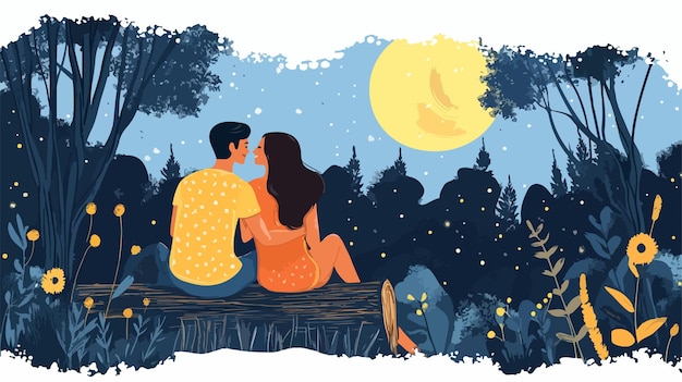 Vector romantic night date with man and woman sitting looking at full moon