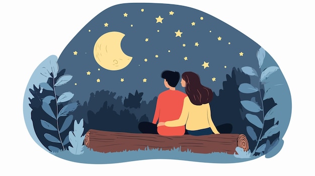 Vector romantic night date with man and woman sitting looking at full moon