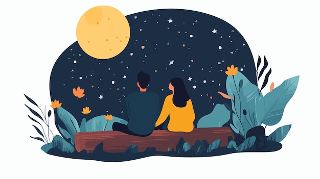 Vector romantic night date with man and woman sitting looking at full moon