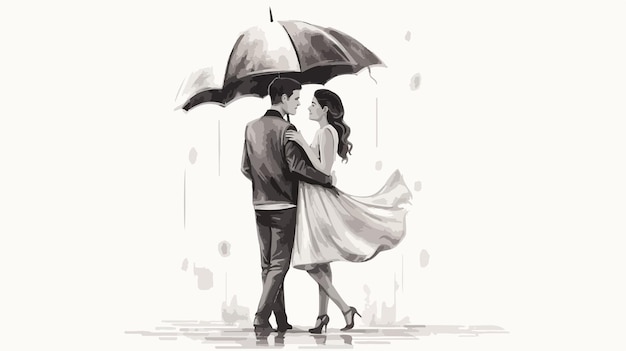 Vector romantic pencil drawing of couple under umbrella love and affection detailed sketch artwork