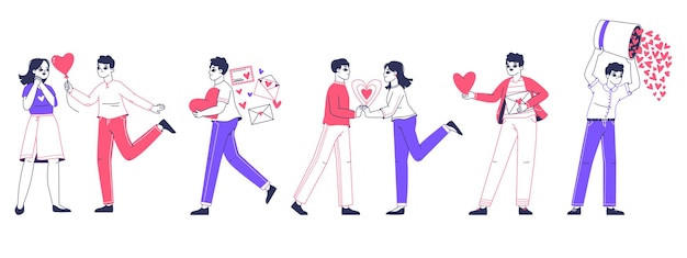 Romantic people in love sharing giving hearts love sharing valentines day flat vector illustrations