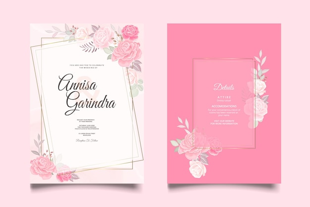 romantic pink flower Wedding invitation card template set with beautiful  floral leaves Premium Ve