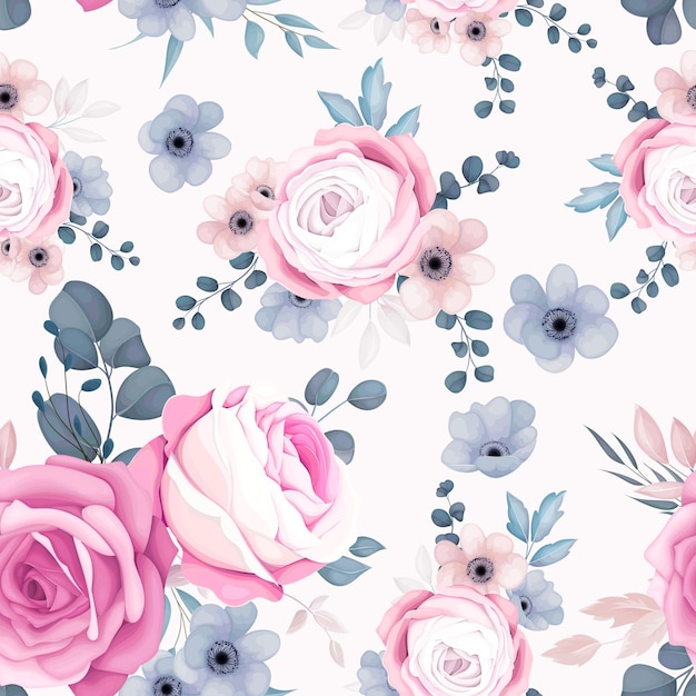 romantic pink and navy floral seamless pattern