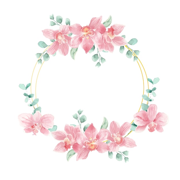 Romantic Pink Orchid Watercolor Flower Gold Wreath