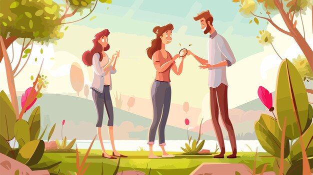 Vector romantic proposal concept guy gives girl ring