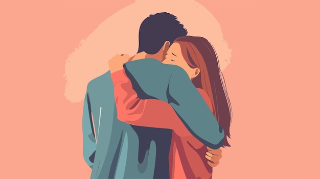 Vector romantic rear view of loving couple cartoon man and woman embracing