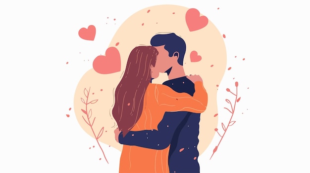 Vector romantic rear view of loving couple cartoon man and woman embracing