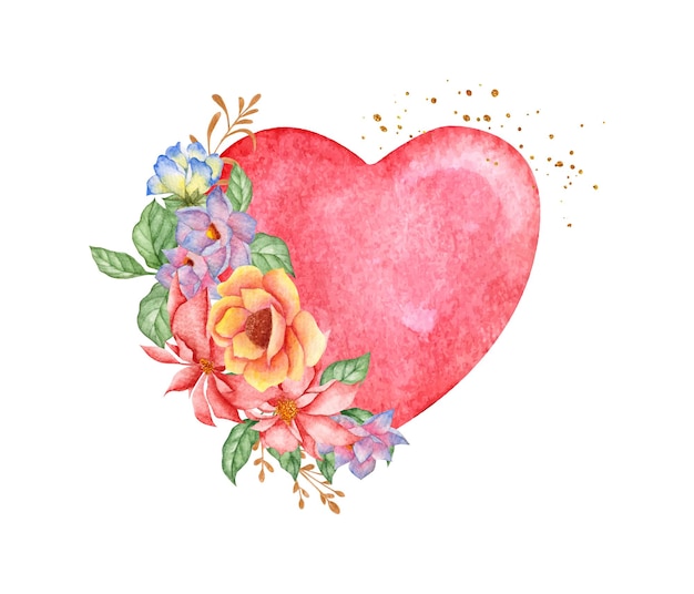 Romantic red heart with colorful flowers