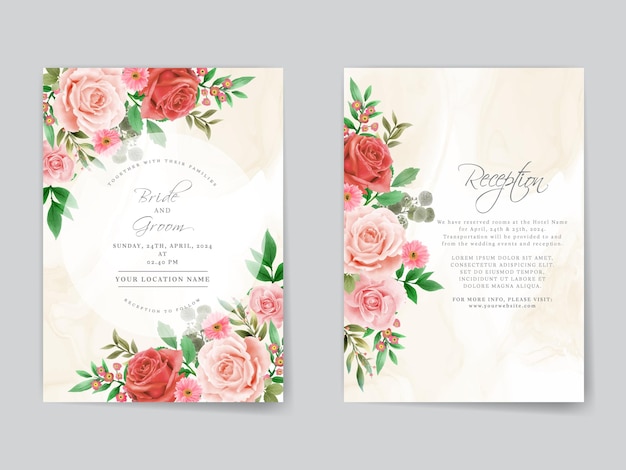 Romantic red roses wedding invitation card template