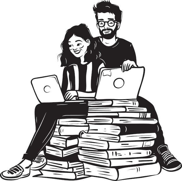 Vector romantic research couple engaged in laptop task surrounded by vector black logo couples coding toge