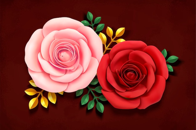 Romantic roses in paper art style on burgundy