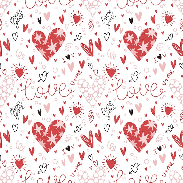 Romantic seamless pattern Hand draw doodle illustration lettering love hearts and stars isolated