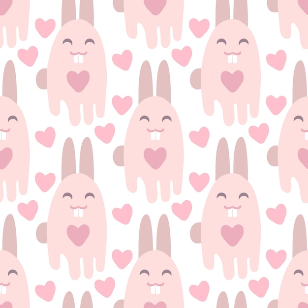 Romantic seamless pattern with big teeth hares and hearts Vintage style print for Tshirt textile fabric paper Hand drawn vector illustration for decor and design