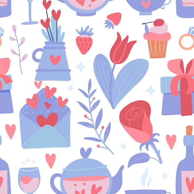 Romantic seamless pattern with flower and heart, teapot and bottle, strawberry and branches on a white background.