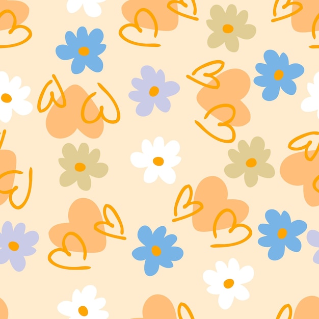 Romantic seamless pattern with hearts and daisy flowers Summer aesthetic print for fabric paper Tshirt Doodle vector illustration for decor and design