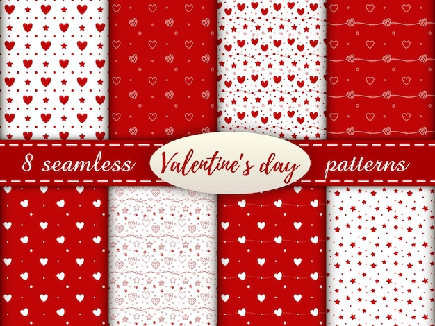 Romantic seamless patterns with a heart. Happy Valentine s Day. Set of 8 patterns with a red and white hearts, dots and stars on a white and red background.