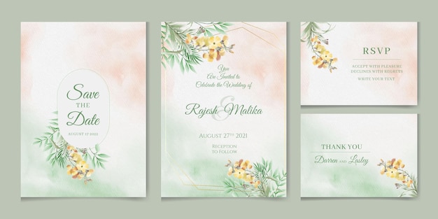 Romantic set of watercolor wedding invitation card template with floral leaves and flowers