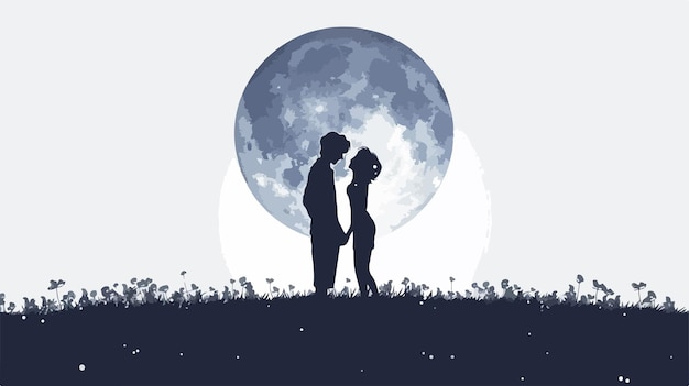 Vector romantic silhouettes of couple standing under tree