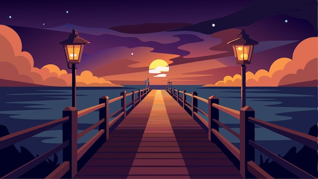 Vector a romantic sunset walk along the boardwalk with ling lights illuminating the pathway and the