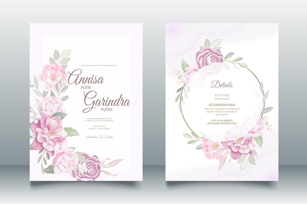 romantic sweet purple  Wedding invitation card template set with beautiful  floral leaves