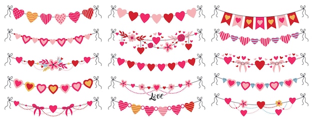 Vector romantic valentines day heart shaped bunting garlands. cute hanging bunting hearts, romantic greeting heart flags vector illustration set. valentines day decorations