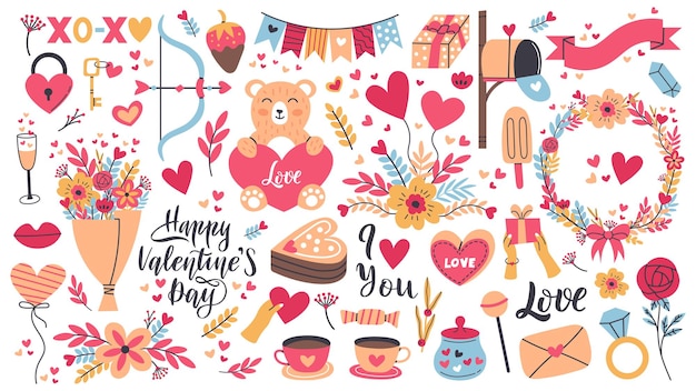 Romantic valentines day stickers, heart shape and love letter. Valentines day elements, sweets, flowers and gifts vector illustration set. Cute romantic holiday stickers