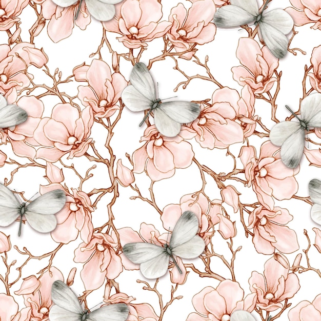 Vector romantic vintage magnolia and butterflies seamless pattern