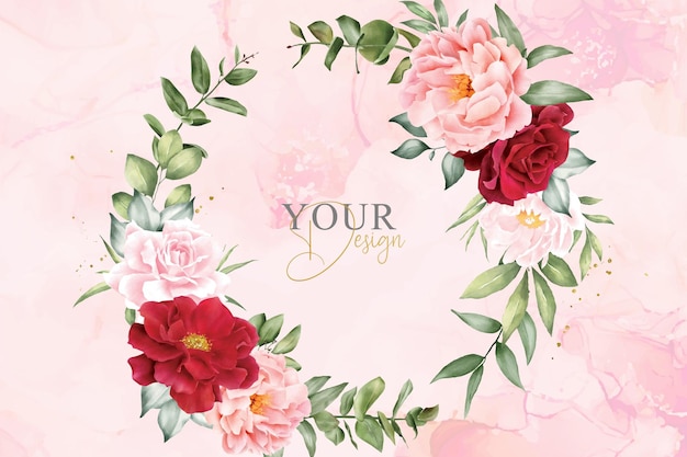 Romantic Watercolor Arrangement Flower Background Design with Maroon Floral and Leaves