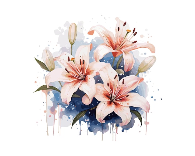 Romantic Watercolor Splatter Lily and Rose Illustration vector