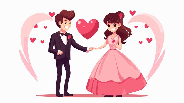 Romantic Wedding Couple Characters with Love Heart Ribbon Flat Vector