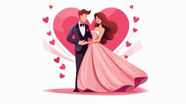 Romantic Wedding Couple Characters with Love Heart Ribbon Flat Vector