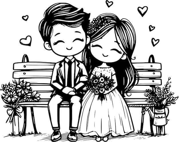 Romantic Wedding Couple Sitting on the Bench Under the Tree Love and NatureThemed Cartoon Art