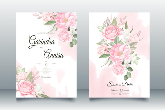 romantic  wedding invitation card template set with beautiful  floral leaves Premium Vector