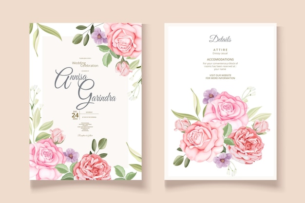 romantic Wedding invitation card template set with beautiful pink floral leaves Premium Vector