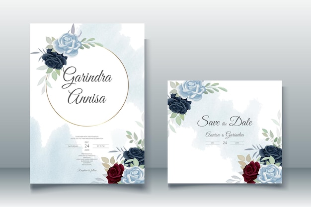 Romantic Wedding invitation card template set with red navy blue floral leaves premium vector