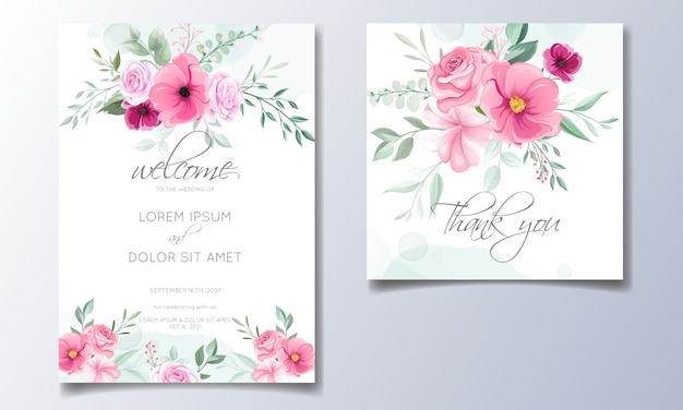 Romantic wedding invitation card template set with rose  cosmos flowers  and leaves