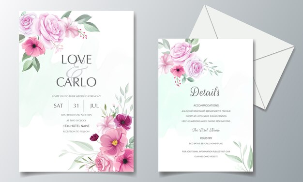 Romantic wedding invitation card template set with rose, cosmos flowers, and leaves