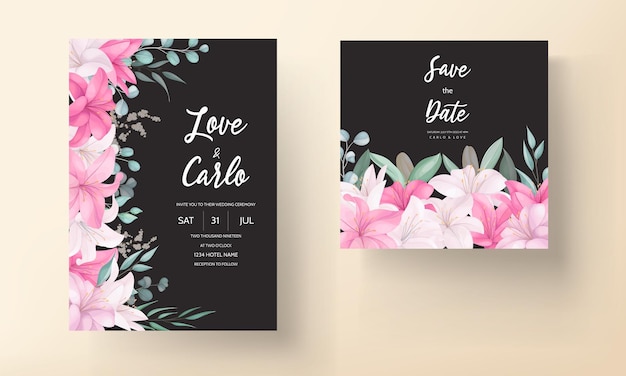 Romantic wedding invitation card with beautiful lily floral and leaves