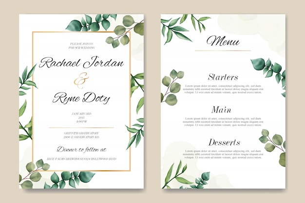 Romantic wedding invitation and menu template