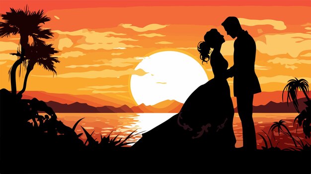 Vector romantic wedding silhouette in vibrant sunset vector illustration