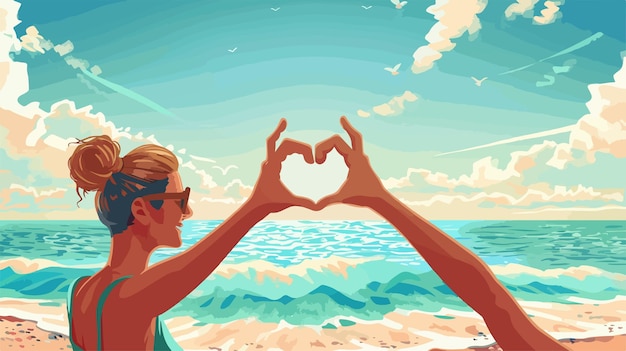 Vector romantic young couple creating heart shape with hands