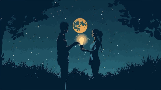 Vector romantic young couple silhouettes holding light bulb at night